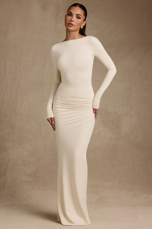 Modal Ruched Backless Maxi Dress in Ivory - Size:L